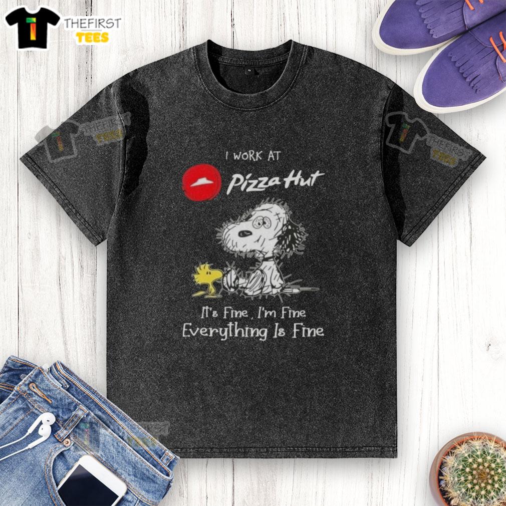 Alt Text: Cute Snoopy and Woodstock on a 'I Work at Pizza Hut' t-shirt, showcasing a tired yet playful vibe.