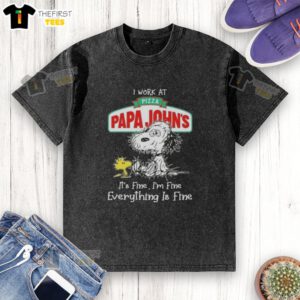 Alt Text: Cute Snoopy and Woodstock on a I Work at Pizza Papa John's t-shirt, showcasing a relaxed and humorous vibe.