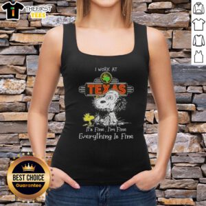 Alt Text: Cute tired Snoopy and Woodstock in a tank top saying 'I work at Texas Roadhouse, it's fine, I'm fine, everything is fine.'
