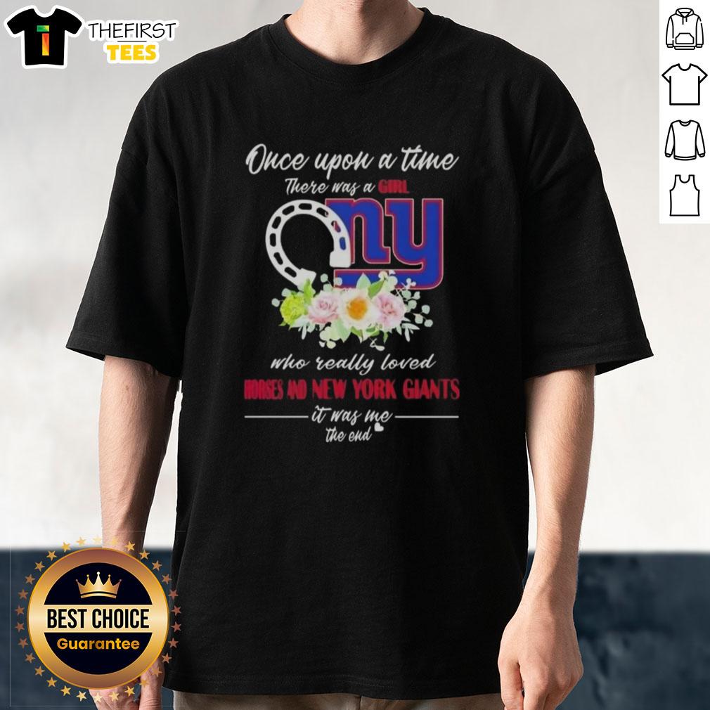 Alt Text: Girl's T-shirt featuring 'Once Upon A Time' design with horses and New York Giants theme, perfect for fans.