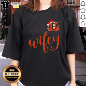 Cincinnati Bengals Santa hat graphic on 'Original Wifey' Merry Christmas ladies tee for festive fans.