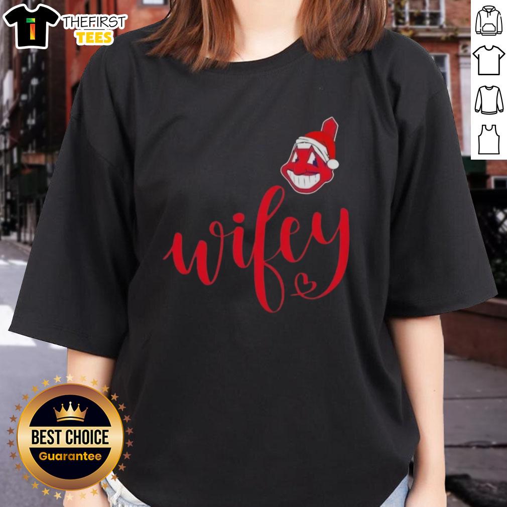 Alt Text: Original Wifey Cleveland Indians Santa Hat Merry Christmas Ladies Tee - festive holiday apparel for baseball fans.