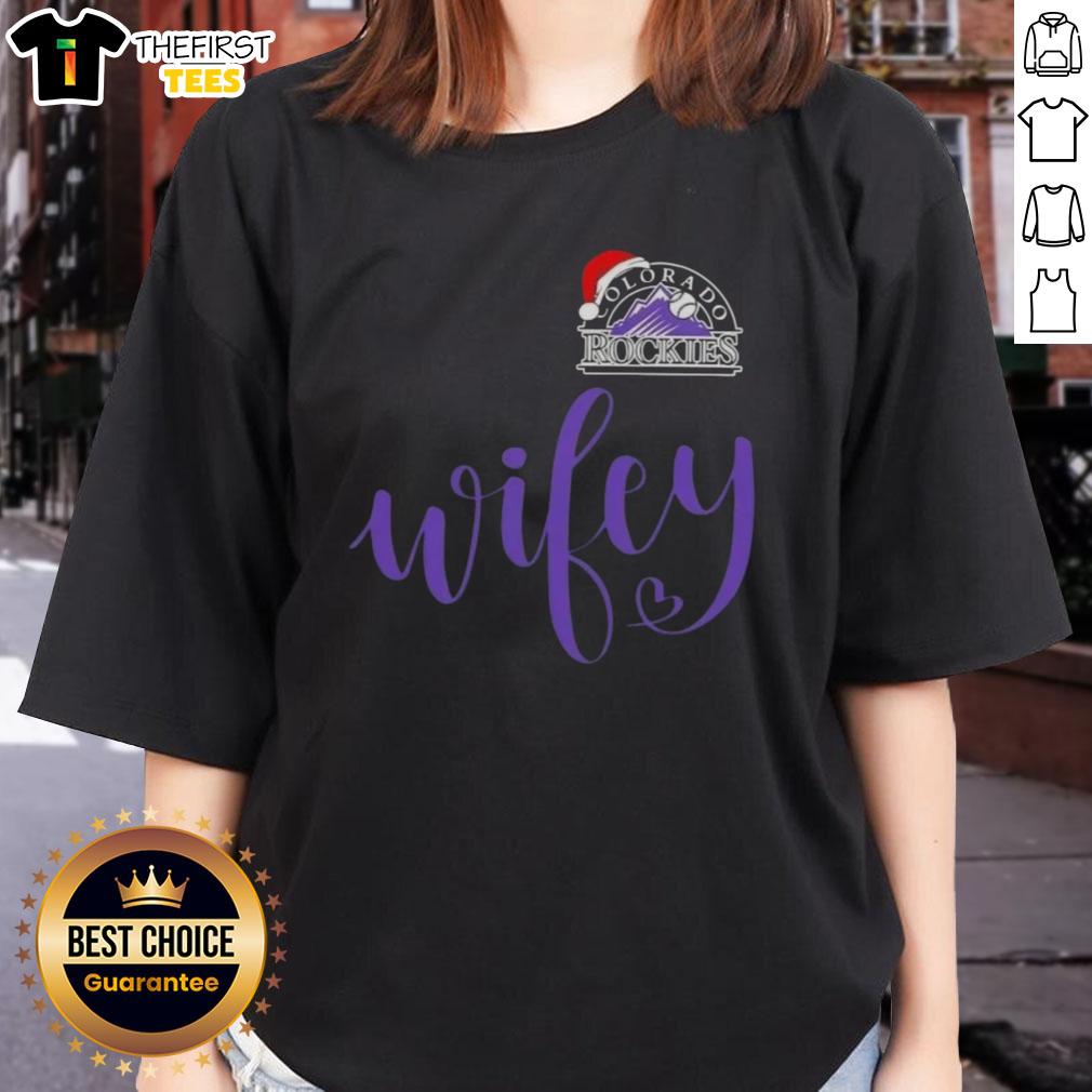 Original Wifey Colorado Rockies Santa Hat Merry Christmas Ladies Tee featuring festive design and team logo.