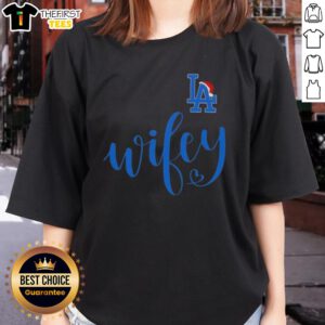 Original Wifey Los Angeles Dodgers Santa Hat Merry Christmas Ladies Tee featuring festive design and team logo.