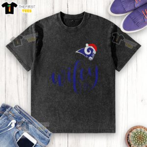 Alt Text: Original Wifey Los Angeles Rams Santa Hat Merry Christmas washed t-shirt perfect for festive NFL fans.