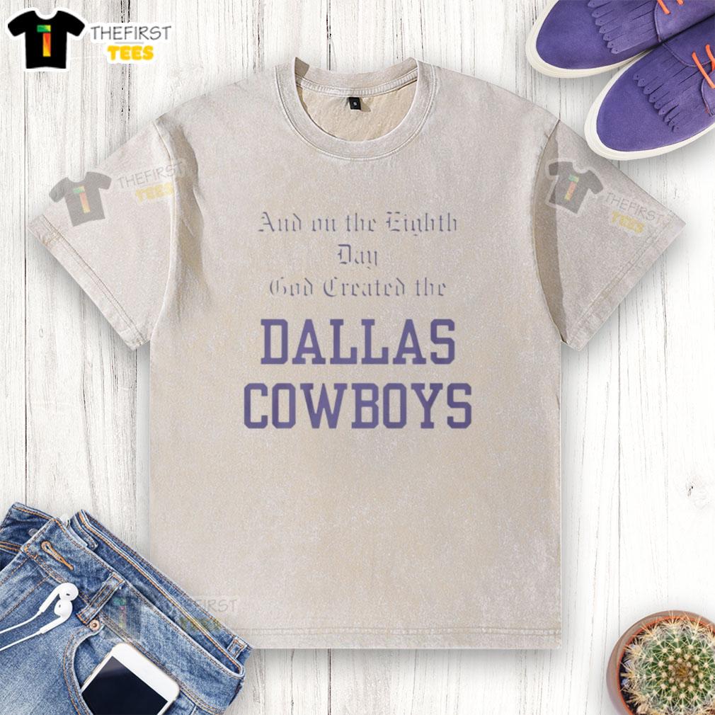Awesome and on the Eighth Day God Created the Cowboys washed t-shirt in blue, perfect for fans of Dallas Cowboys apparel.