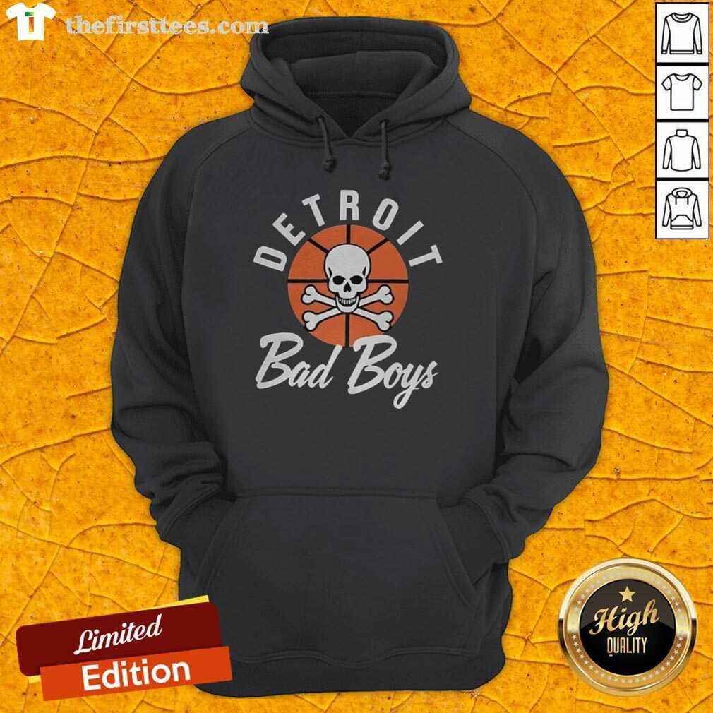 Detroit Pistons 'Bad Boys' curved logo hoodie, showcasing vibrant team colors and stylish design for basketball fans.