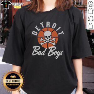 Awesome Detroit Pistons Basketball Bad Boys curved logo on a stylish ladies tee, perfect for fans.