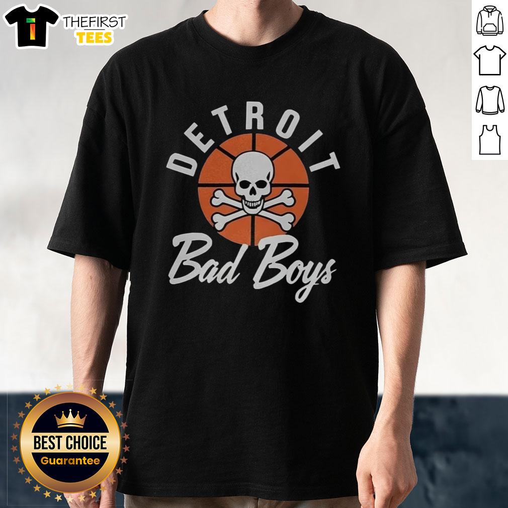 Awesome Detroit Pistons Basketball Bad Boys curved logo T-shirt featuring vibrant team colors and stylish design.
