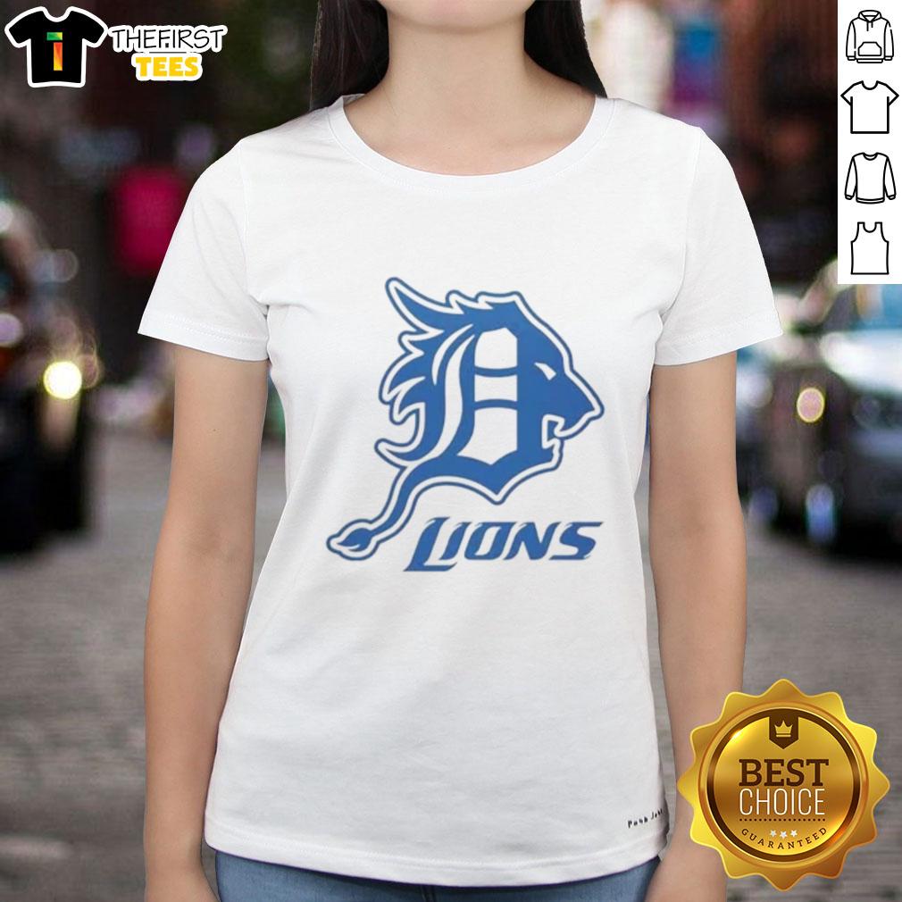 Awesome Detroit Tigers and Detroit Lions logo ladies tee featuring vibrant graphics for passionate fans.
