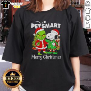 Alt Text: Cute PetSmart x Grinch and Snoopy Merry Christmas Ladies Tee featuring festive designs for holiday cheer.