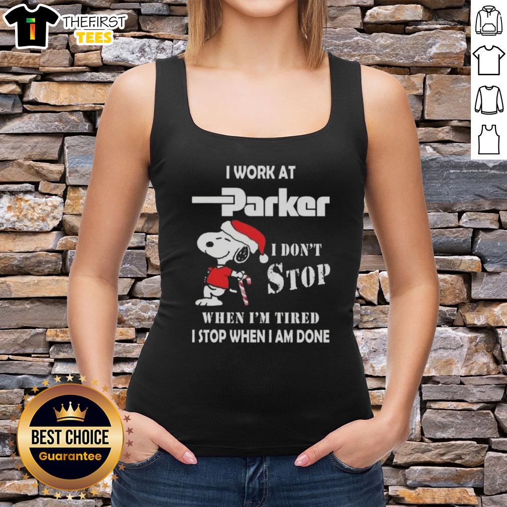 Alt Text: Cute Snoopy tank top for Christmas, featuring I work at Parker Hannifin, I don't stop when I'm tired slogan.