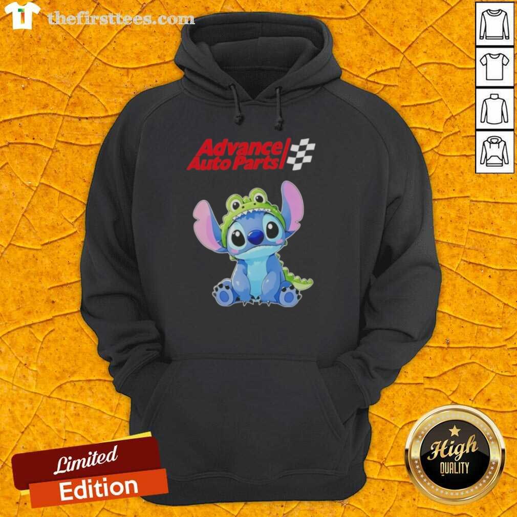 Adorable Cute Stitch cosplay wearing a Crocodile X Advance Auto Parts hoodie, showcasing vibrant colors and unique design.