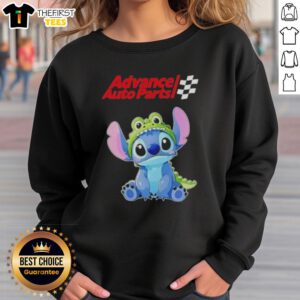 Adorable Stitch cosplay featuring a crocodile design on an Advance Auto Parts sweatshirt, perfect for fans and collectors.