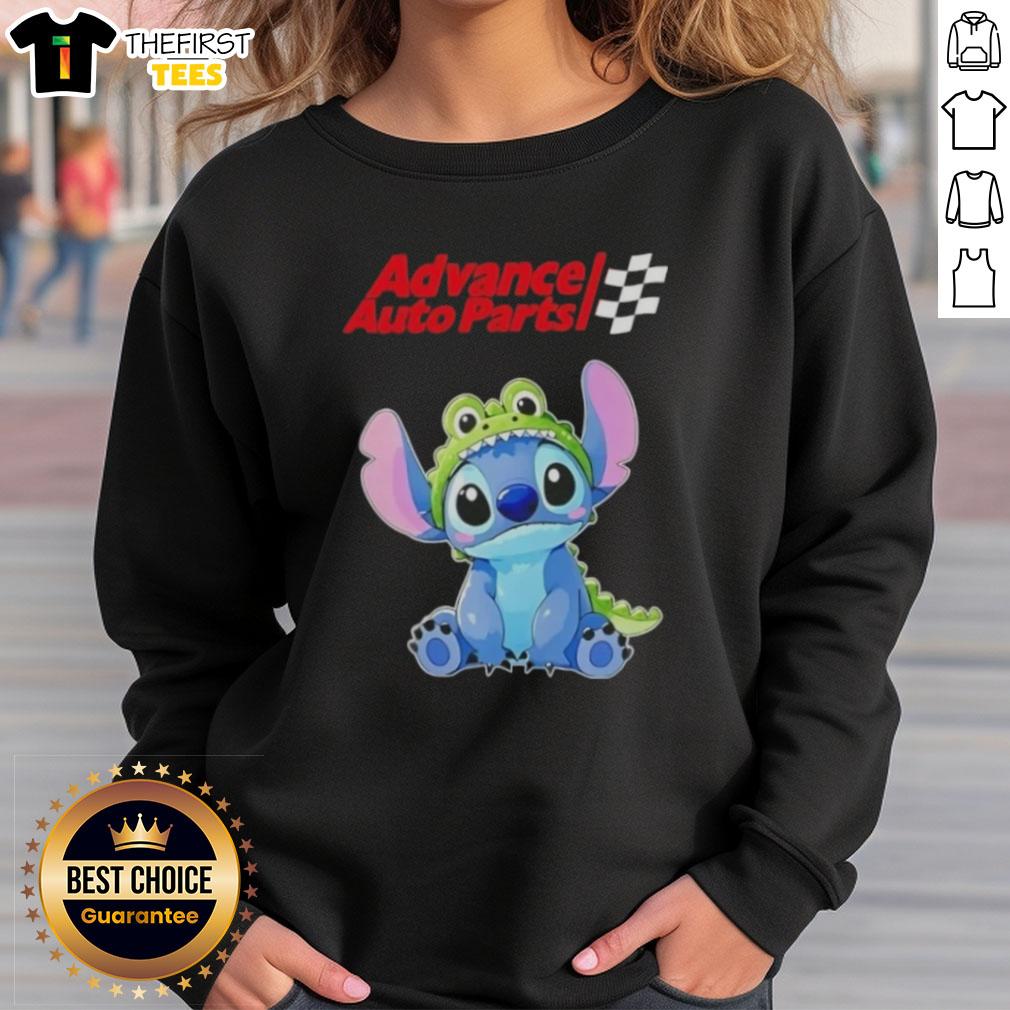 Adorable Stitch cosplay featuring a crocodile design on an Advance Auto Parts sweatshirt, perfect for fans and collectors.