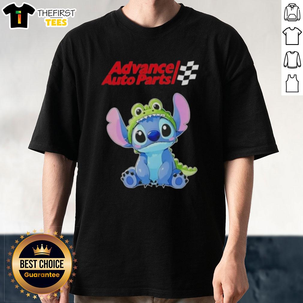 Alt Text: Cute Stitch Cosplay Crocodile wearing an Advance Auto Parts T-Shirt, showcasing a fun and playful design.