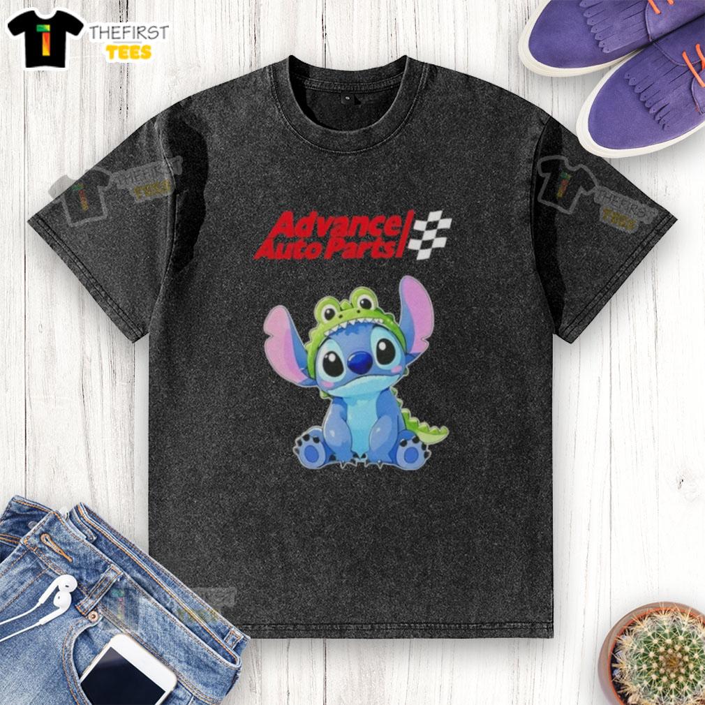 Alt Text: Cute Stitch cosplay featuring a crocodile design on a washed t-shirt from X Advance Auto Parts.