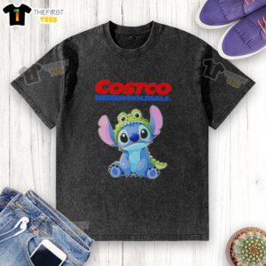 Cute Stitch cosplay crocodile wearing a Costco Wholesale washed t-shirt, showcasing fun and vibrant character design.