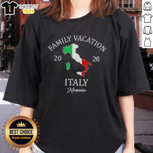 Happy family vacation in Italy 2026 wearing matching Family Travel Squad ladies tees, enjoying time together.