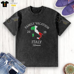 Happy family vacationing in Italy, wearing matching washed t-shirts, captured in 2026. Perfect for family travel squad memories.