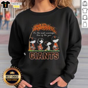 Alt Text: Happy San Francisco Giants X Peanuts Snoopy sweatshirt featuring autumn designs, perfect for the most wonderful time of the year.