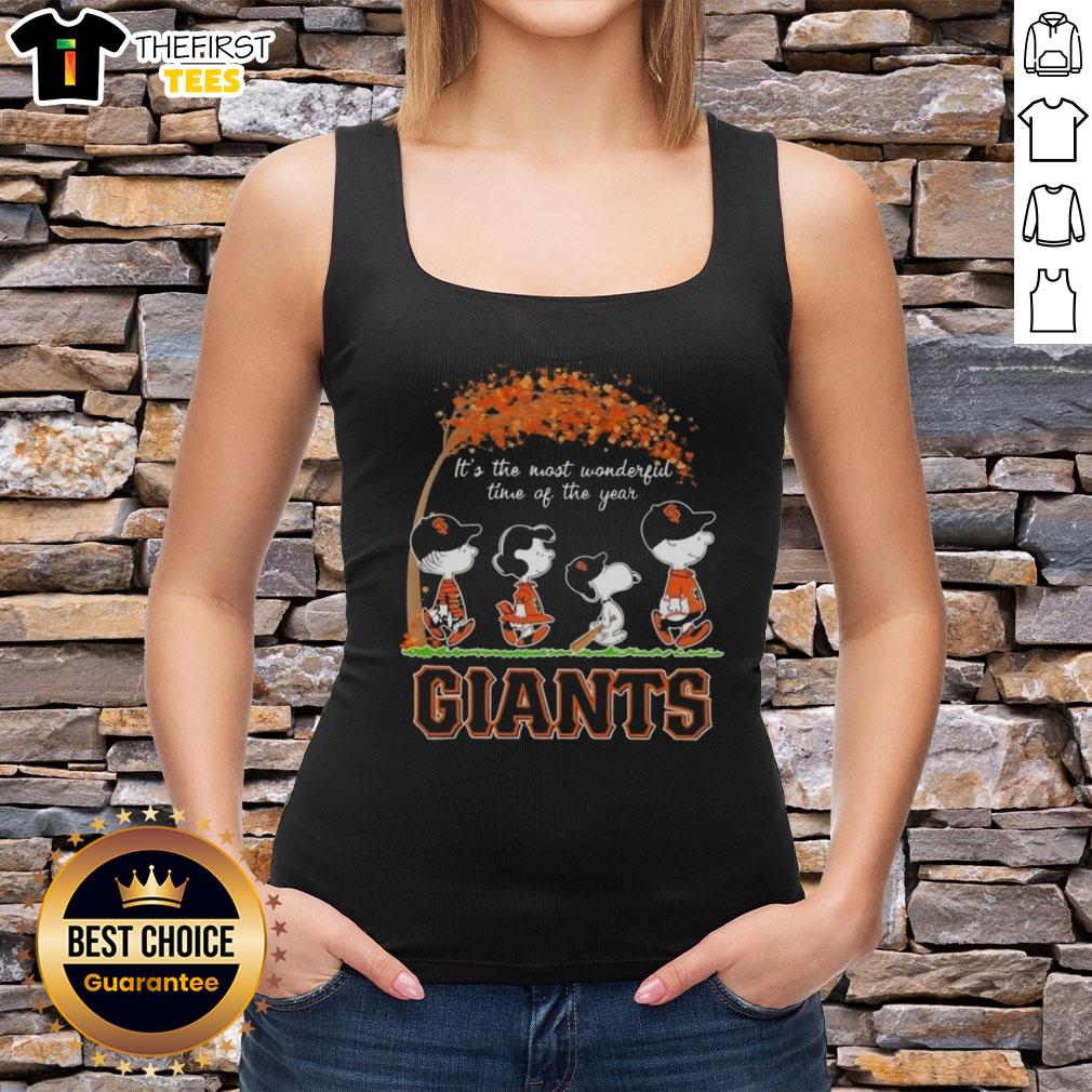 Happy San Francisco Giants tank top featuring Peanuts Snoopy and friends, perfect for autumn and the holiday season.