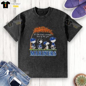 Alt Text: Happy Seattle Mariners X Peanuts Snoopy and Friends autumn t-shirt for the most wonderful time of the year.