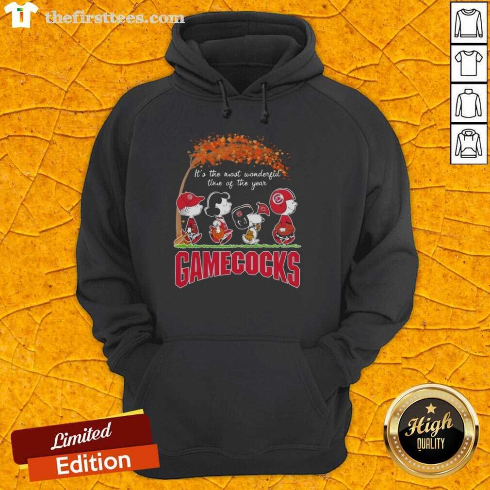 Happy South Carolina Gamecocks hoodie featuring Snoopy and friends, perfect for autumn celebrations and game day spirit.