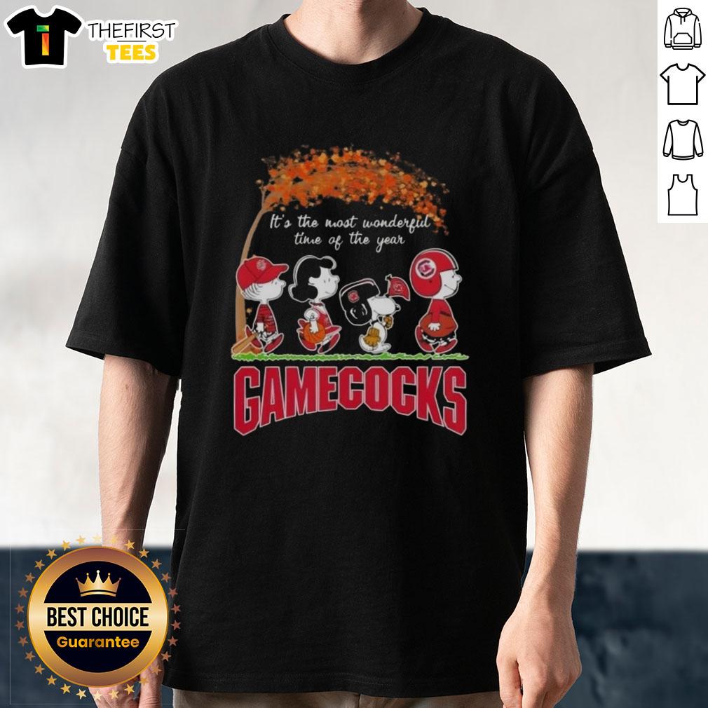 Happy South Carolina Gamecocks X Peanuts Snoopy and Friends Autumn T-Shirt celebrating game day spirit and fall festivities.