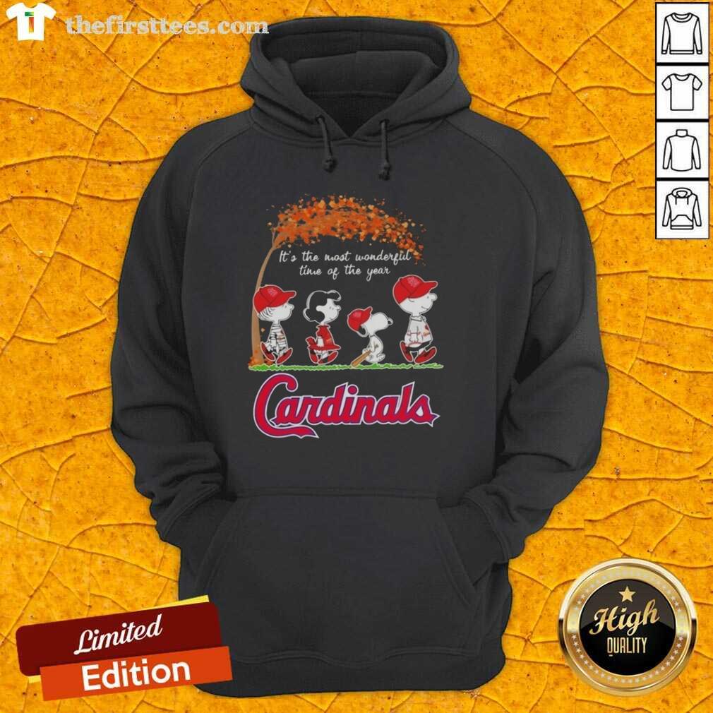 Happy St. Louis Cardinals hoodie featuring Snoopy and friends, perfect for autumn and celebrating the holiday season.