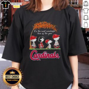Happy St. Louis Cardinals tee featuring Peanuts characters Snoopy and friends celebrating autumn's joy.