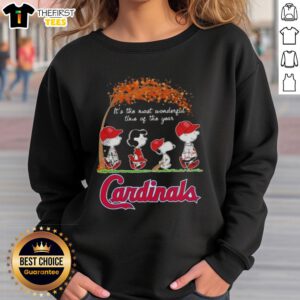 Alt Text: Cozy sweatshirt featuring St. Louis Cardinals, Peanuts characters, and autumn theme, perfect for fall celebrations.