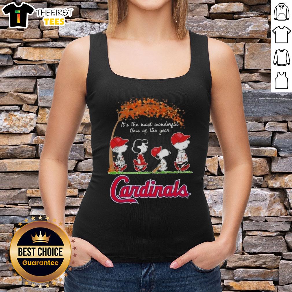 Happy St. Louis Cardinals tank top featuring Peanuts' Snoopy and friends, celebrating autumn's most wonderful time of the year.