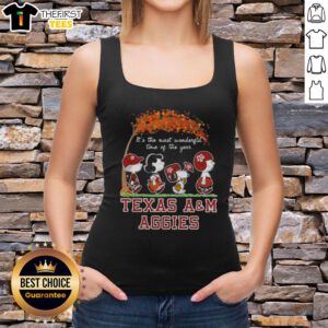 Happy Texas A&M Aggies tank top featuring Peanuts Snoopy and friends, celebrating autumn and the joy of the season.