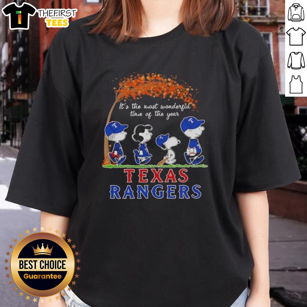 Happy Texas Rangers x Peanuts Snoopy and friends autumn ladies tee, celebrating the most wonderful time of the year.