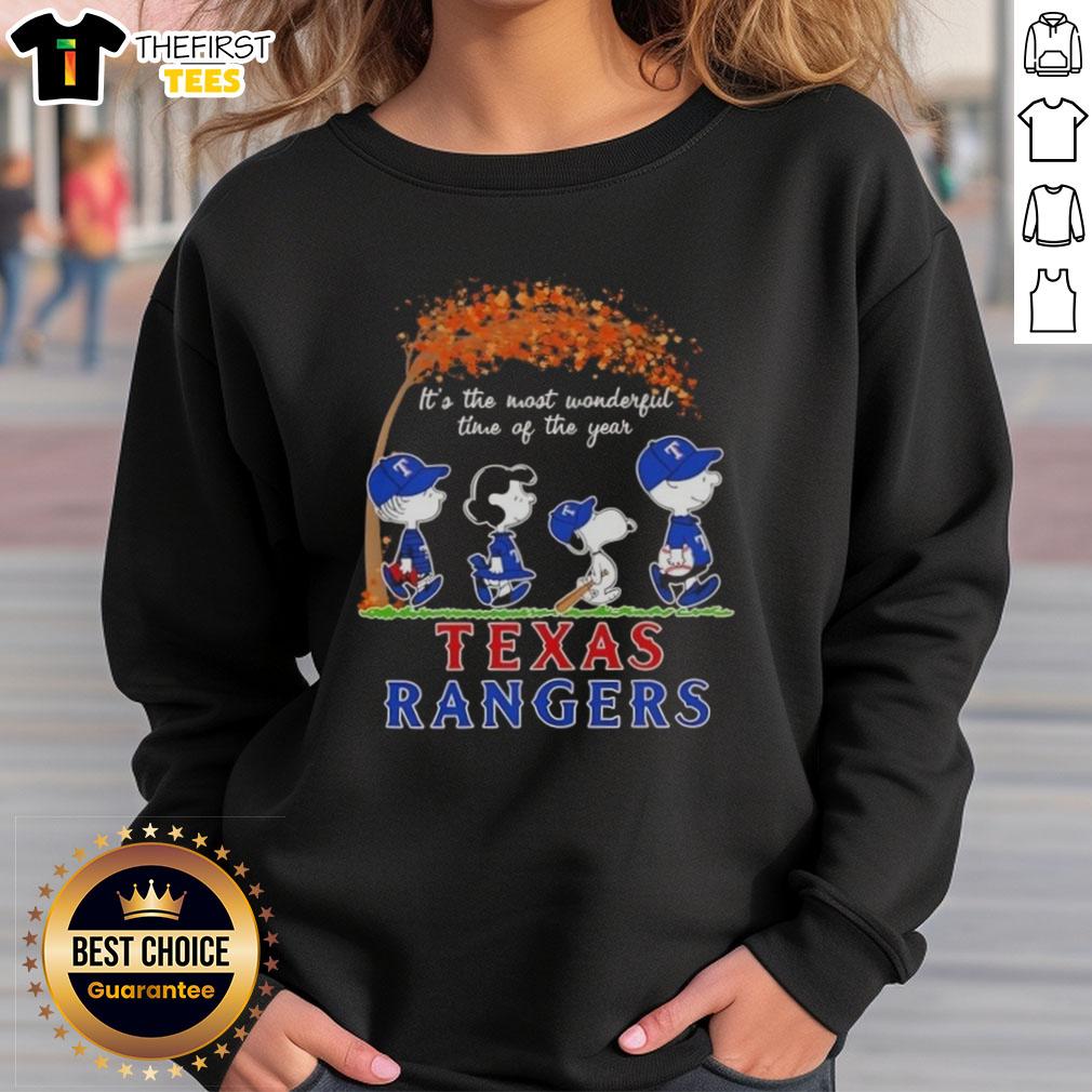 Happy Texas Rangers x Peanuts Snoopy sweatshirt celebrating autumn, perfect for the most wonderful time of the year.