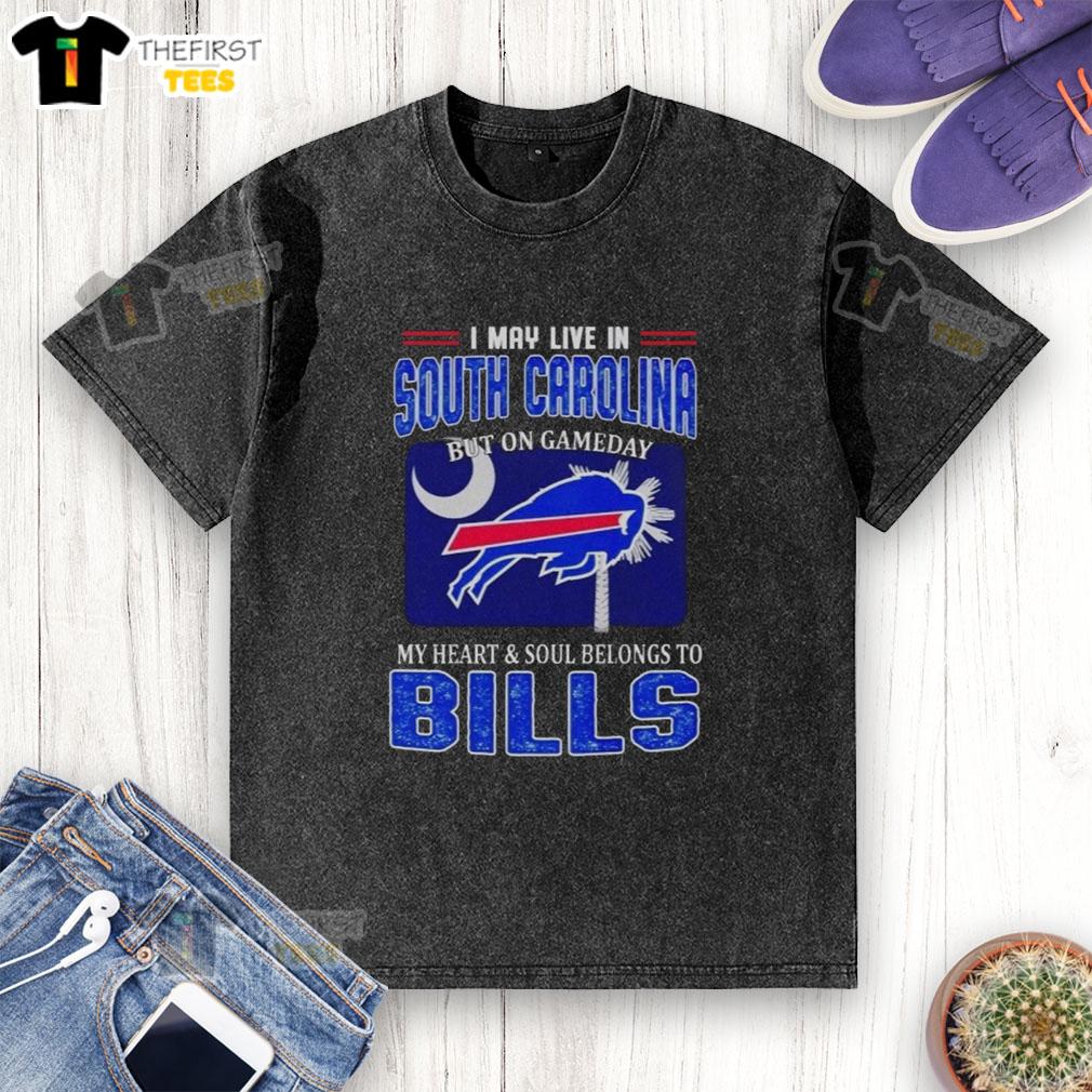 Buffalo Bills washed t-shirt with 'I may live in South Carolina' slogan, perfect for game day fans.