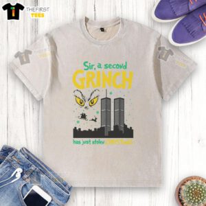 Alt Text: Funny Nice Sir A Second Grinch Has Just Stolen Christmas washed t-shirt featuring a festive Grinch design.