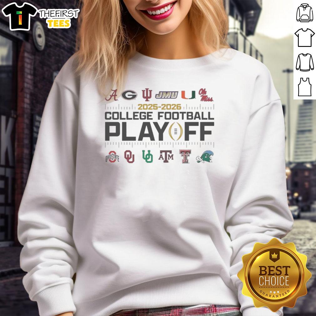 Official 2025-2026 College Football Playoffs 12-Team Sweatshirt featuring team logos and playoff branding in vibrant colors.