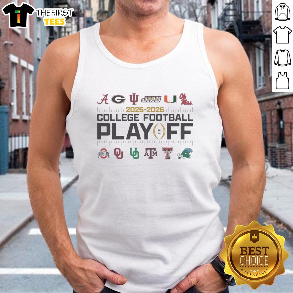 Official 2025-2026 College Football Playoffs 12-Team tank top featuring team logos and vibrant colors for fans.
