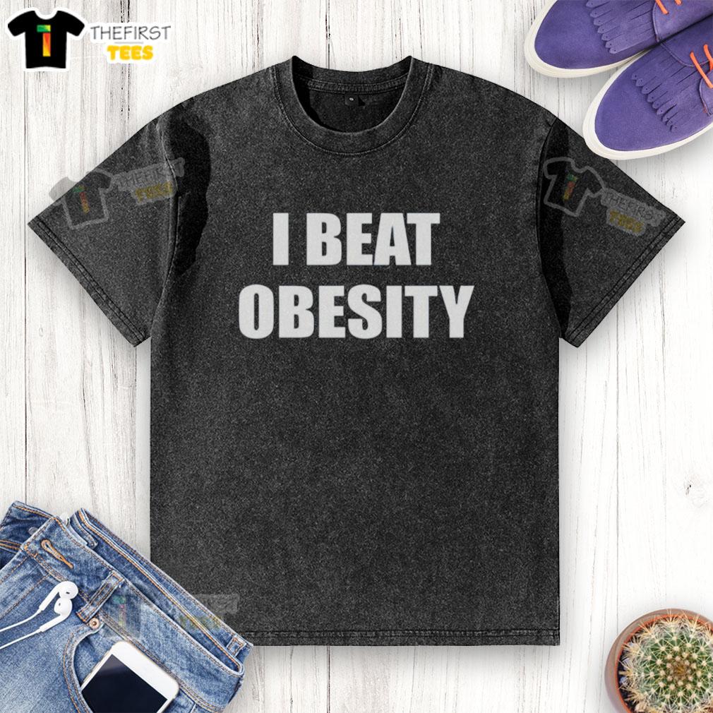 Official I Beat Obesity washed t-shirt featuring motivational design, perfect for fitness enthusiasts and healthy lifestyle advocates.