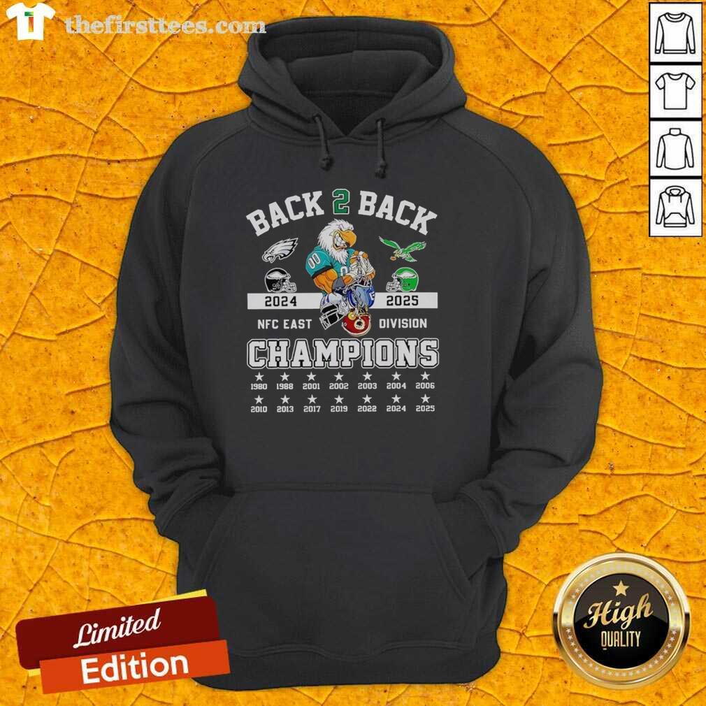 Official Philadelphia Eagles Back To Back East Division Champions 2025 Hoodie in green with team logo and championship details.