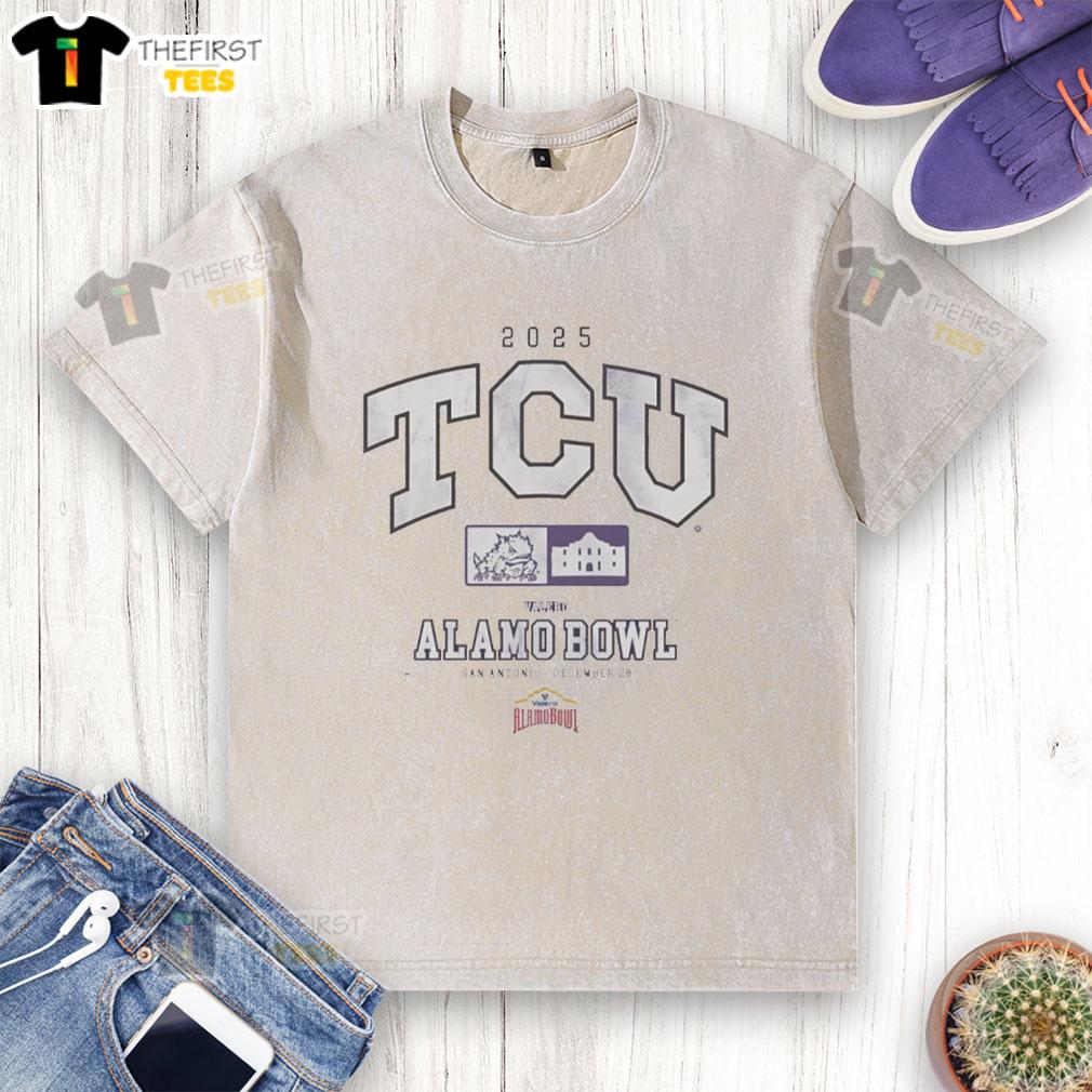 Official TCU Horned Frogs 2025 Valero Alamo Bowl washed t-shirt featuring team logo and vibrant colors.