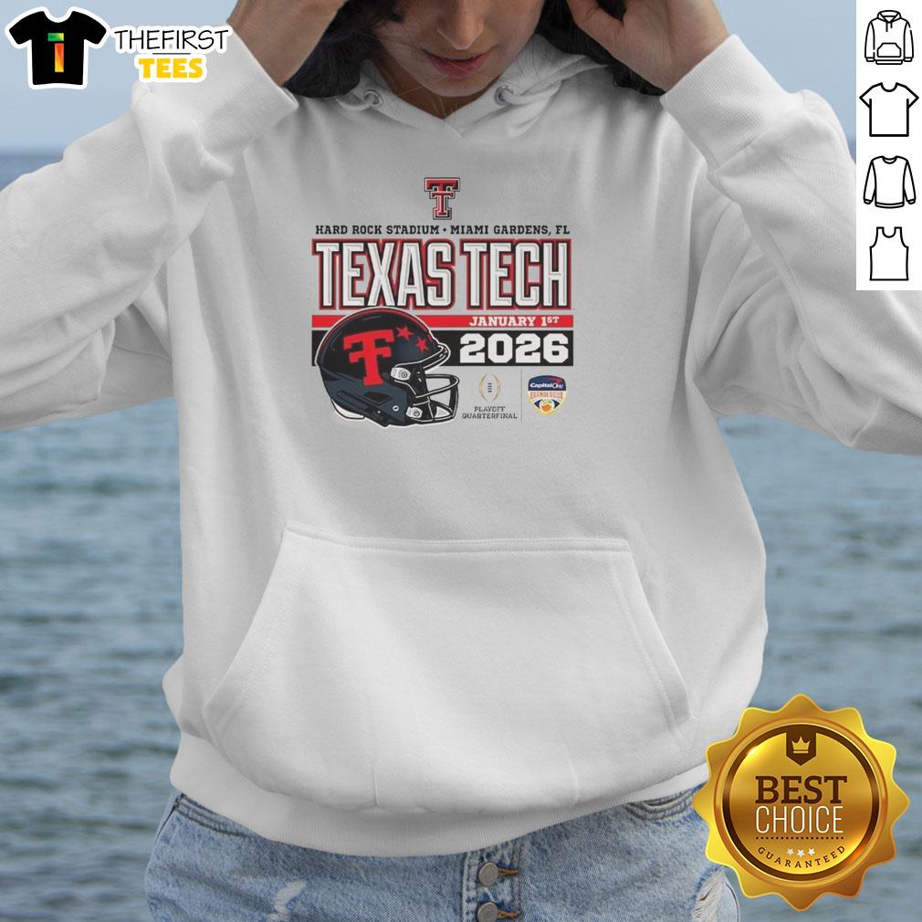 Alt Text: Official Texas Tech Red Raiders hoodie featuring CFP design, perfect for fans attending games at Hard Rock Stadium.
