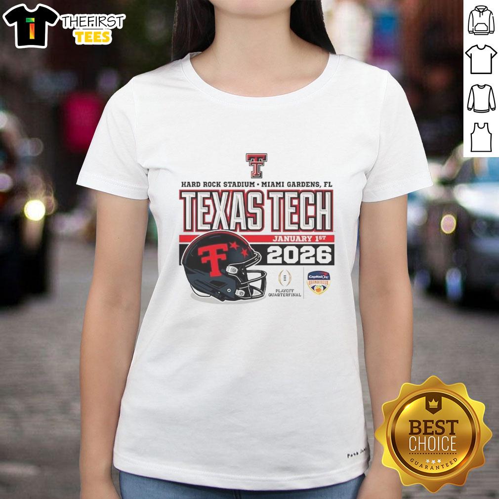 Official Texas Tech Red Raiders January 2026 CFP helmet design on a ladies' tee at Hard Rock Stadium.