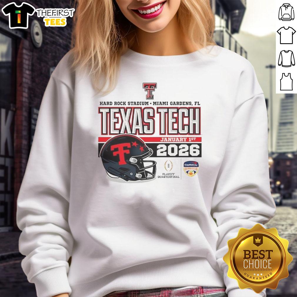 Official Texas Tech Red Raiders January 2026 CFP sweatshirt featuring helmet design at Hard Rock Stadium.