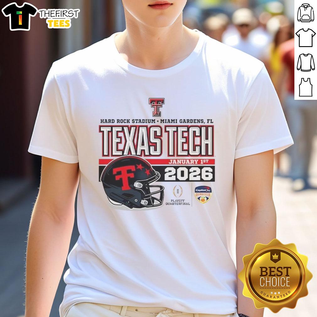 Official Texas Tech Red Raiders January 2026 CFP Hard Rock Stadium helmet t-shirt showcasing team pride and spirit.