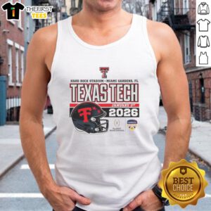 Official Texas Tech Red Raiders January 2026 CFP tank top featuring a helmet design at Hard Rock Stadium.