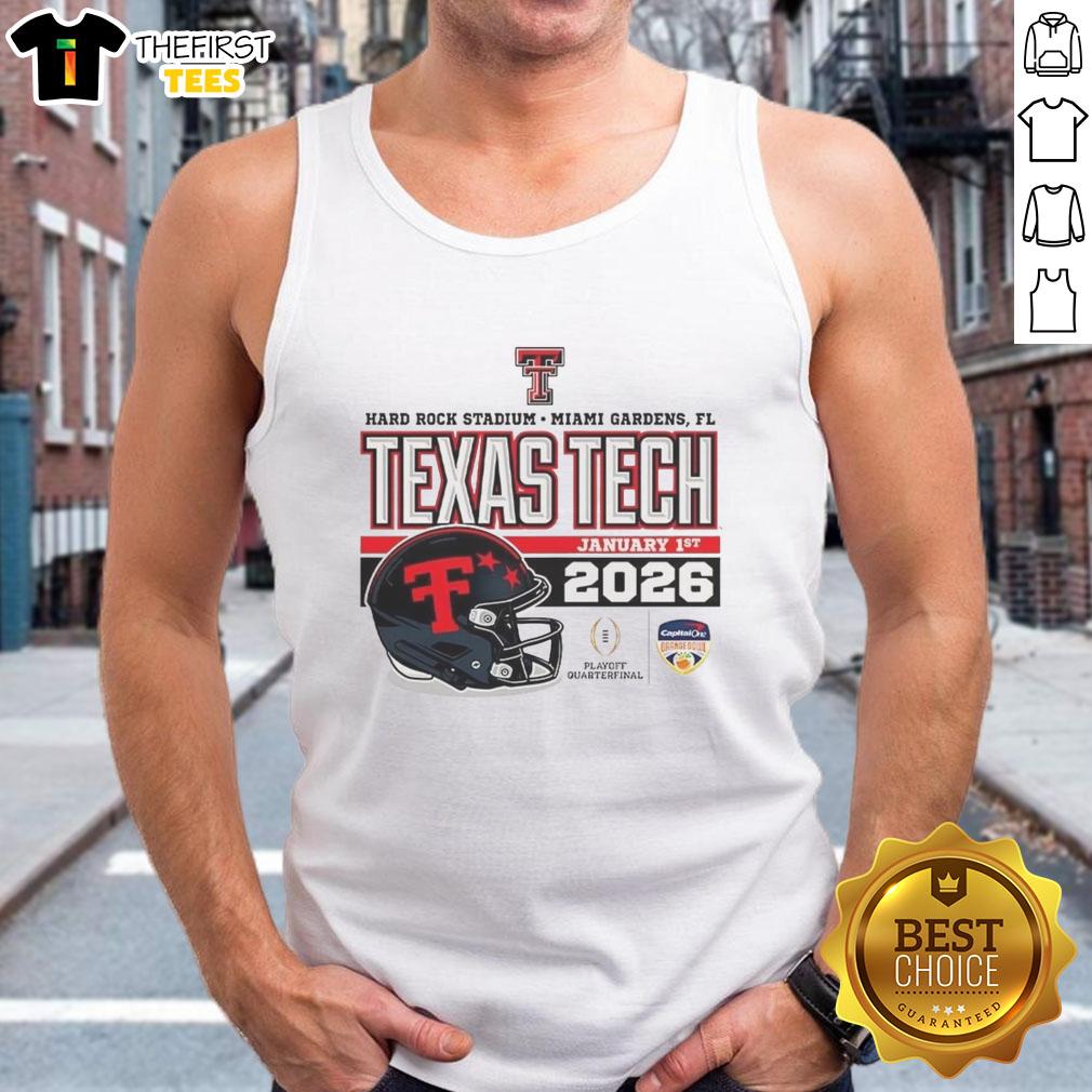 Official Texas Tech Red Raiders January 2026 CFP tank top featuring a helmet design at Hard Rock Stadium.
