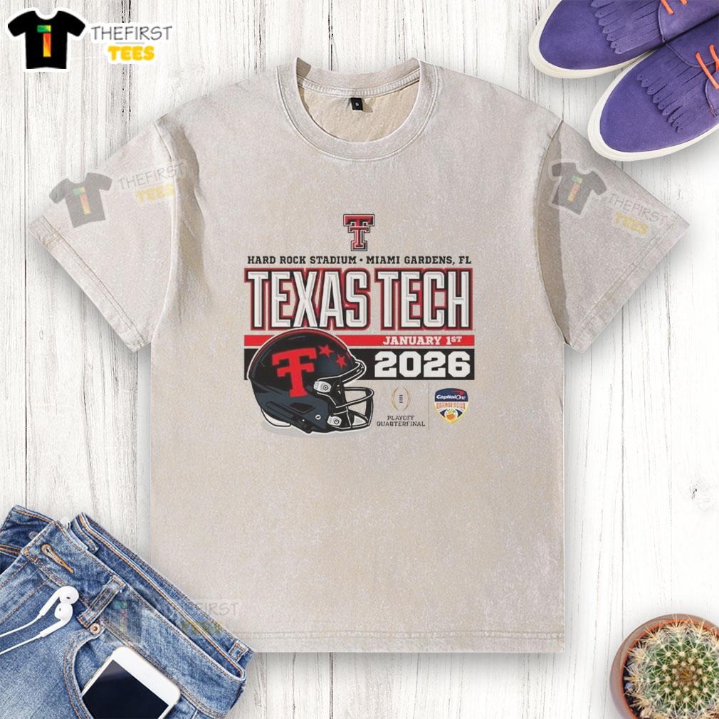 Alt Text: Official Texas Tech Red Raiders January 2026 CFP helmet washed t-shirt displayed on a neutral background.